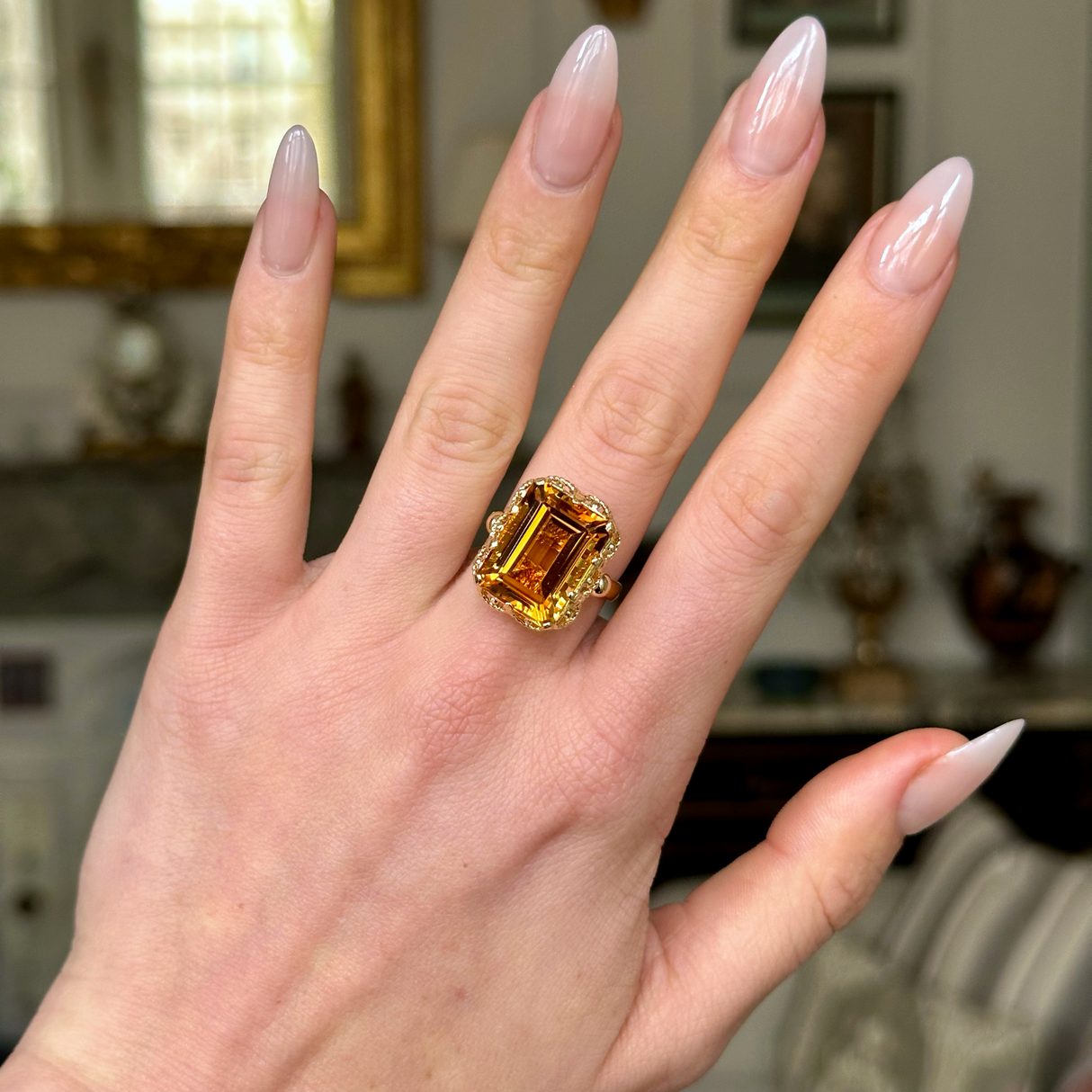 Antique, 1880s Citrine Ring with Rope Metal Work, worn on hand.