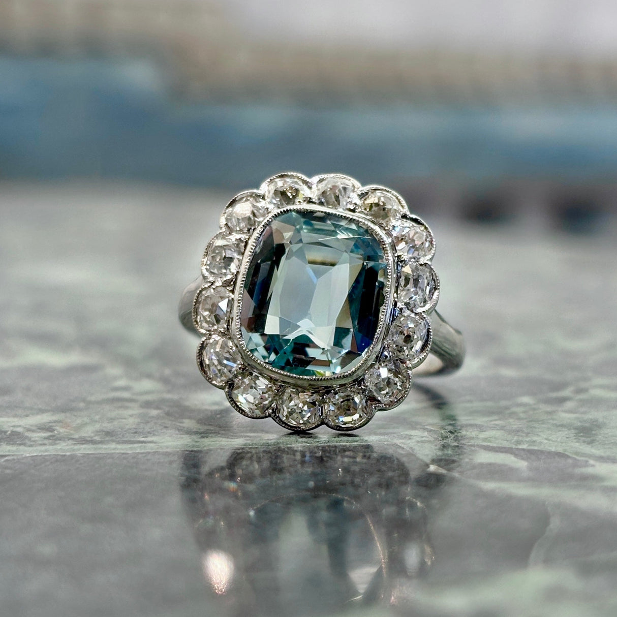 Antique, 1900s aquamarine & diamond cluster ring