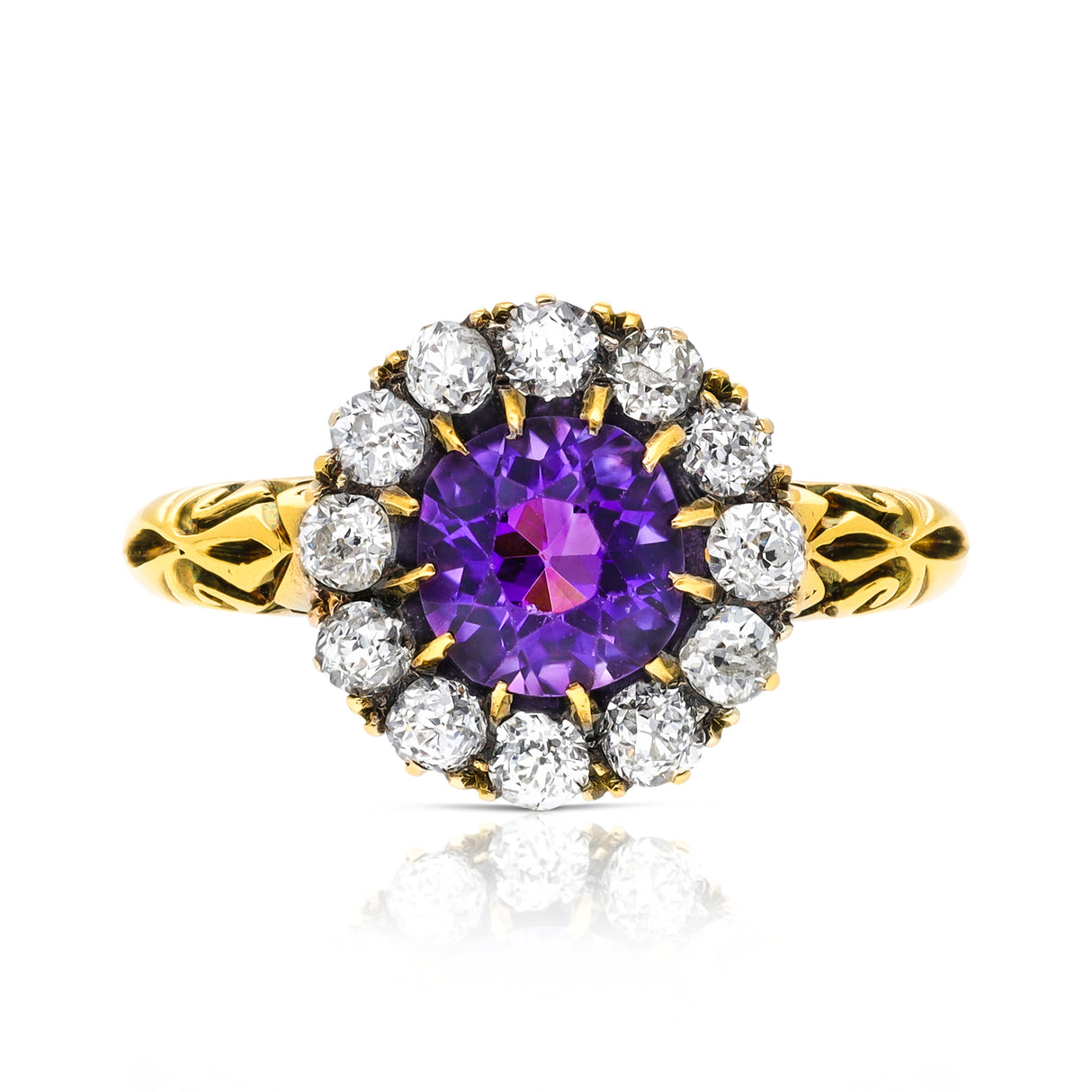 Antique, amethyst and diamond cluster ring, 18ct yellow gold