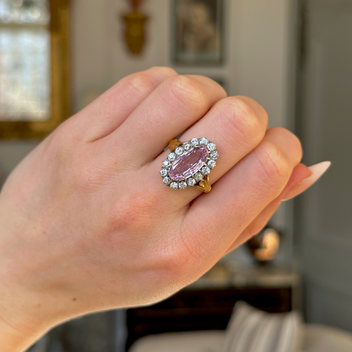 Antique, Belle Époque Pink Topaz and Diamond Cluster Ring, 18ct Yellow Gold worn on closed hand