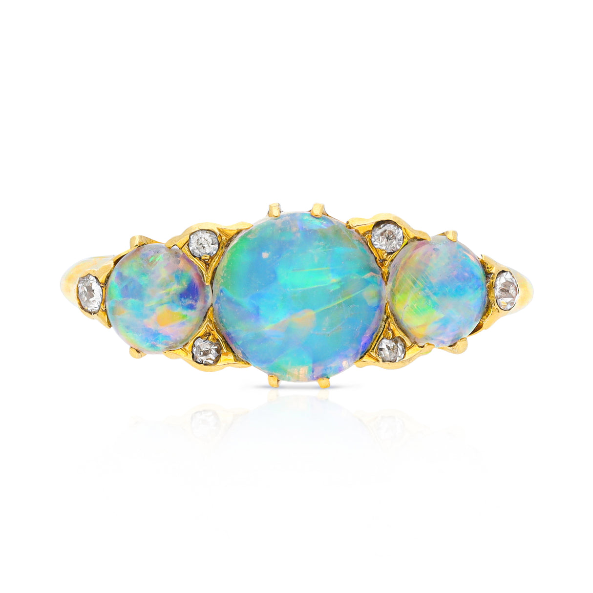 Opal and diamond three stone ring, front view.