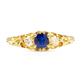 Antique, Edwardian sapphire and diamond three-stone ring, 18ct yellow gold
