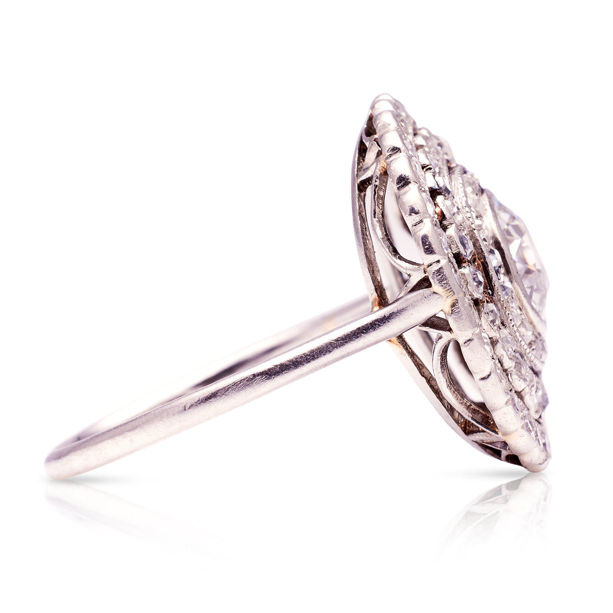 Antique diamond target ring, side view.