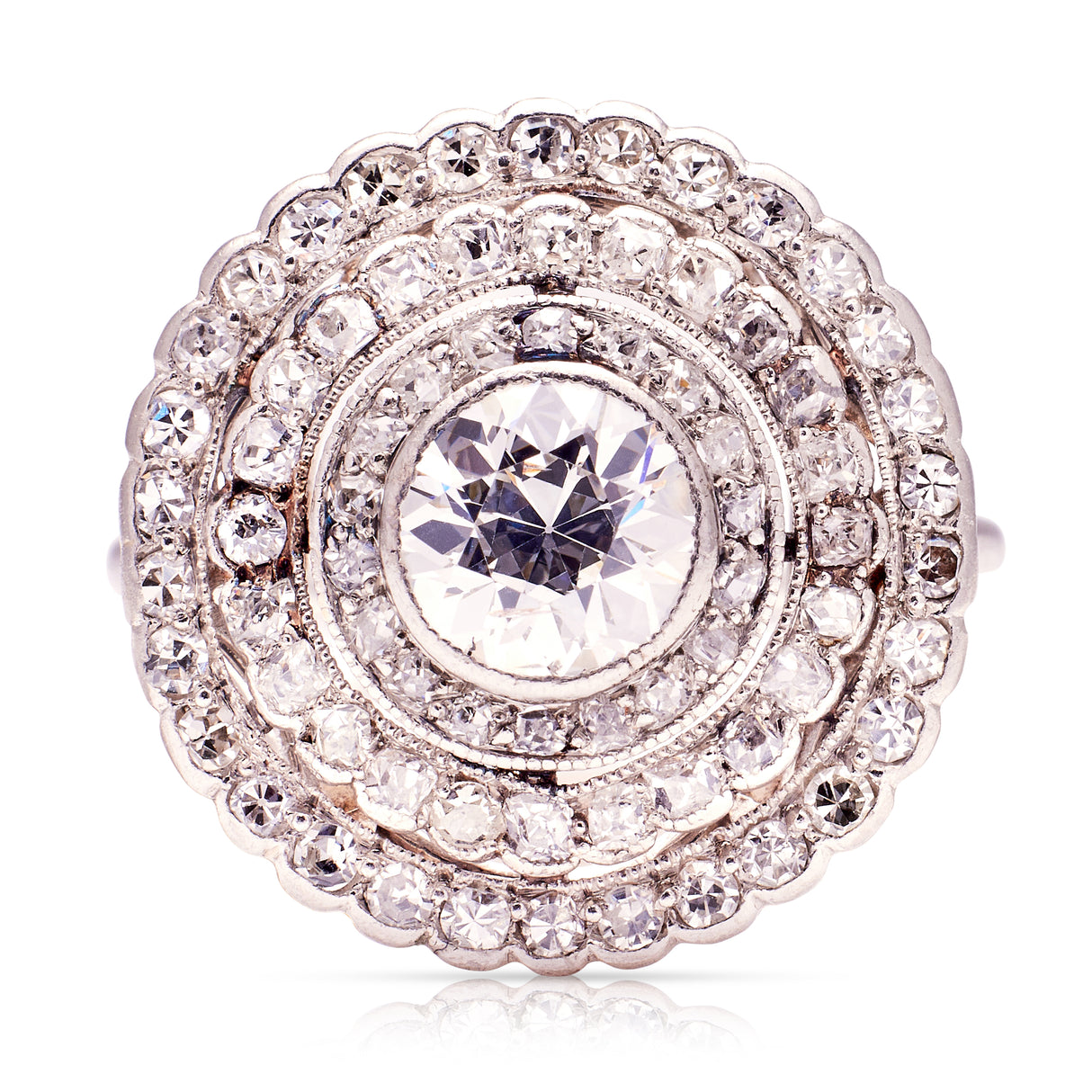 Antique diamond target ring, front view.