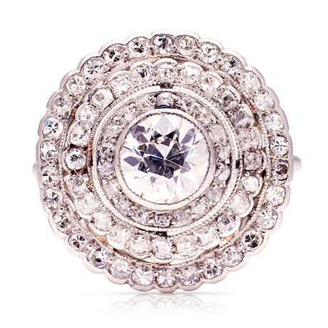 Antique diamond target ring, front view.