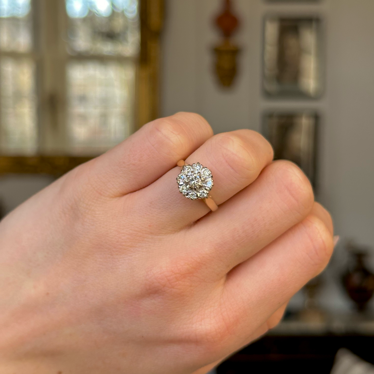 Antique, Edwardian Diamond Cluster Engagement Ring, 18ct Yellow Gold and Platinum worn on closed hand. 