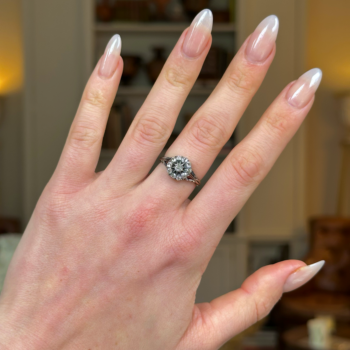 Antique, Edwardian Diamond Cluster Ring, 18ct Yellow Gold worn on hand.