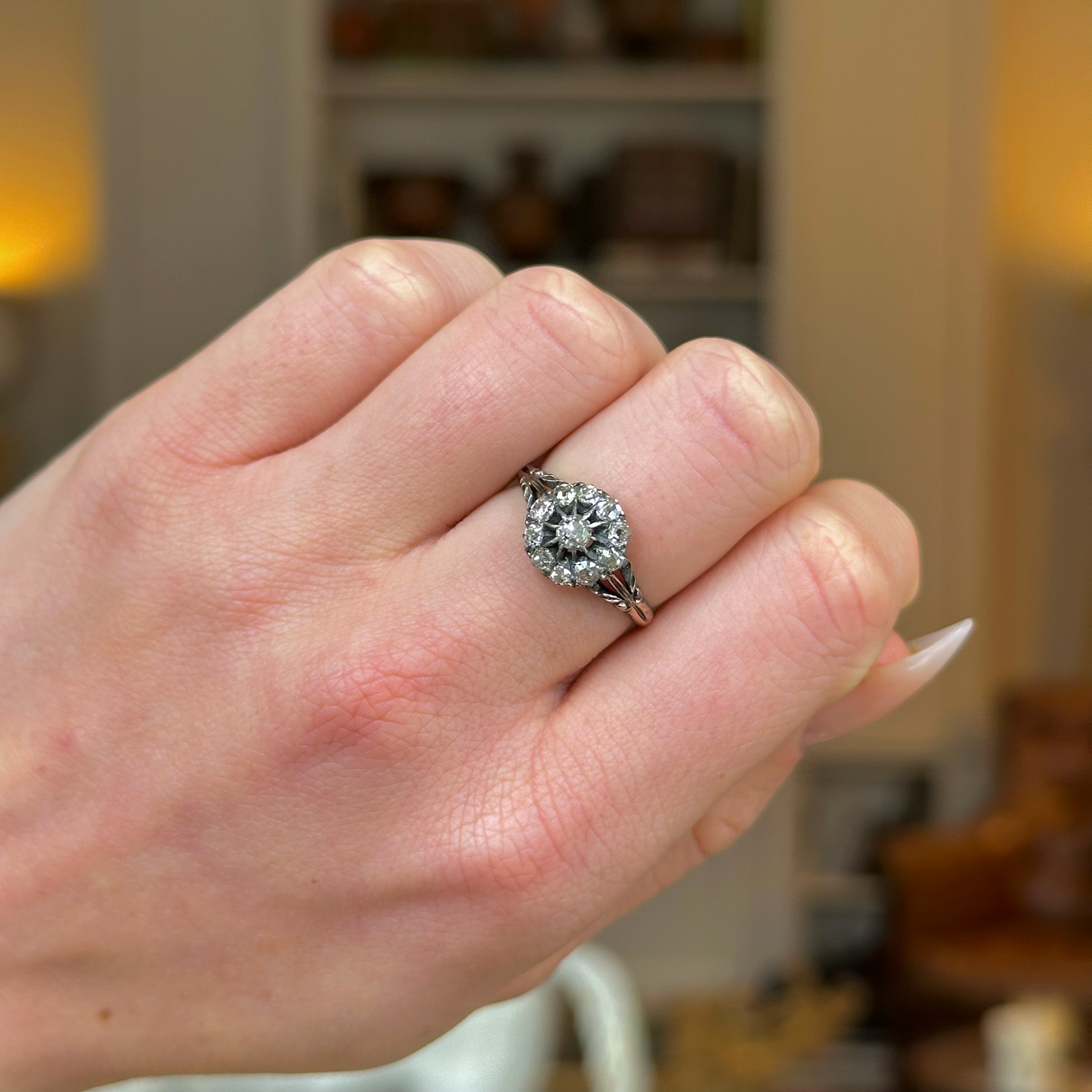 Antique, Edwardian Diamond Cluster Ring, 18ct Yellow Gold worn on closed hand.
