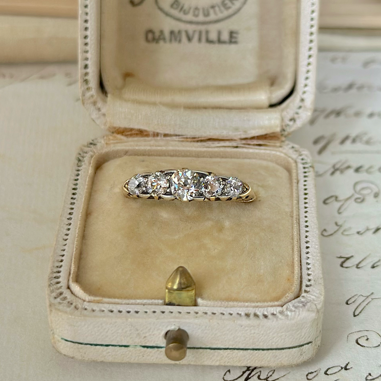 Antique, Edwardian Diamond Half Hoop Engagement Ring, 18ct Yellow Gold front view.