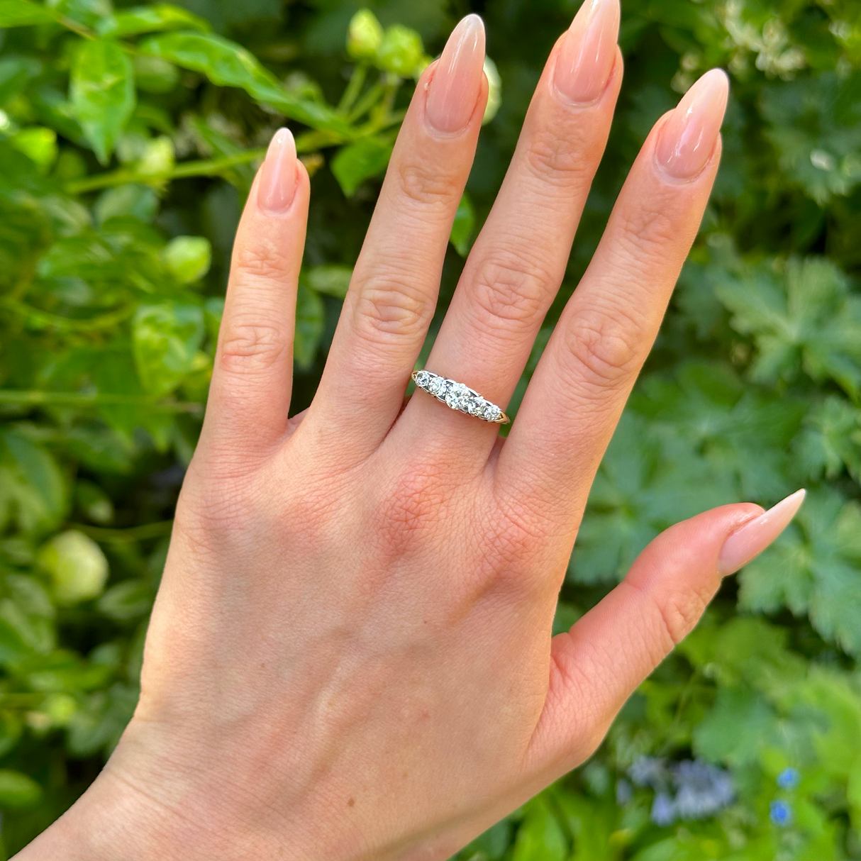 Antique, Edwardian Diamond Half Hoop Engagement Ring, 18ct Yellow Gold worn on hand.