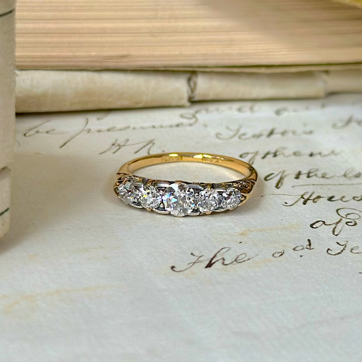 Antique, Edwardian Diamond Half Hoop Engagement Ring, 18ct Yellow Gold front view