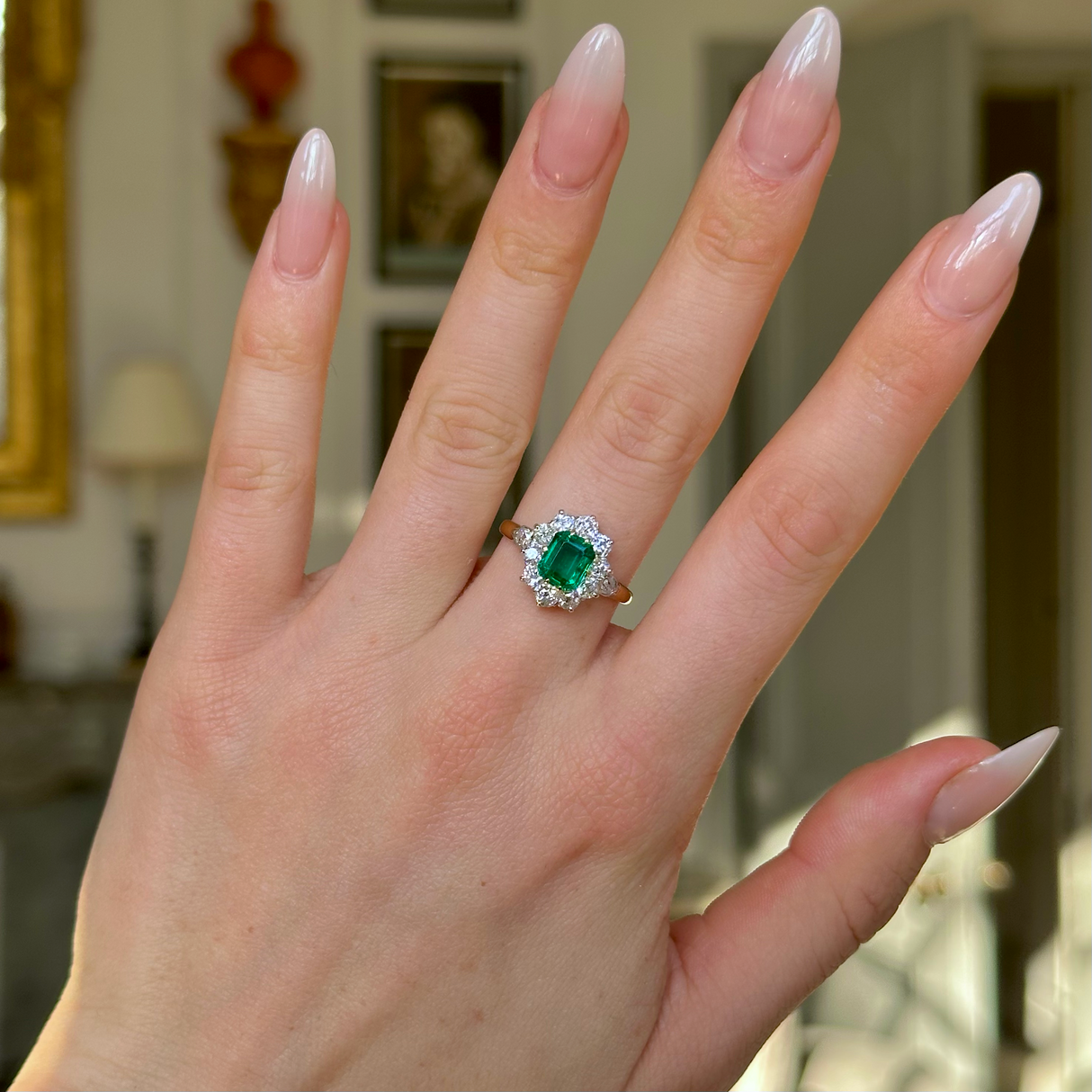 Antique, Edwardian Emerald and Diamond Engagement Ring, 18ct Yellow Gold and Platinum worn on hand