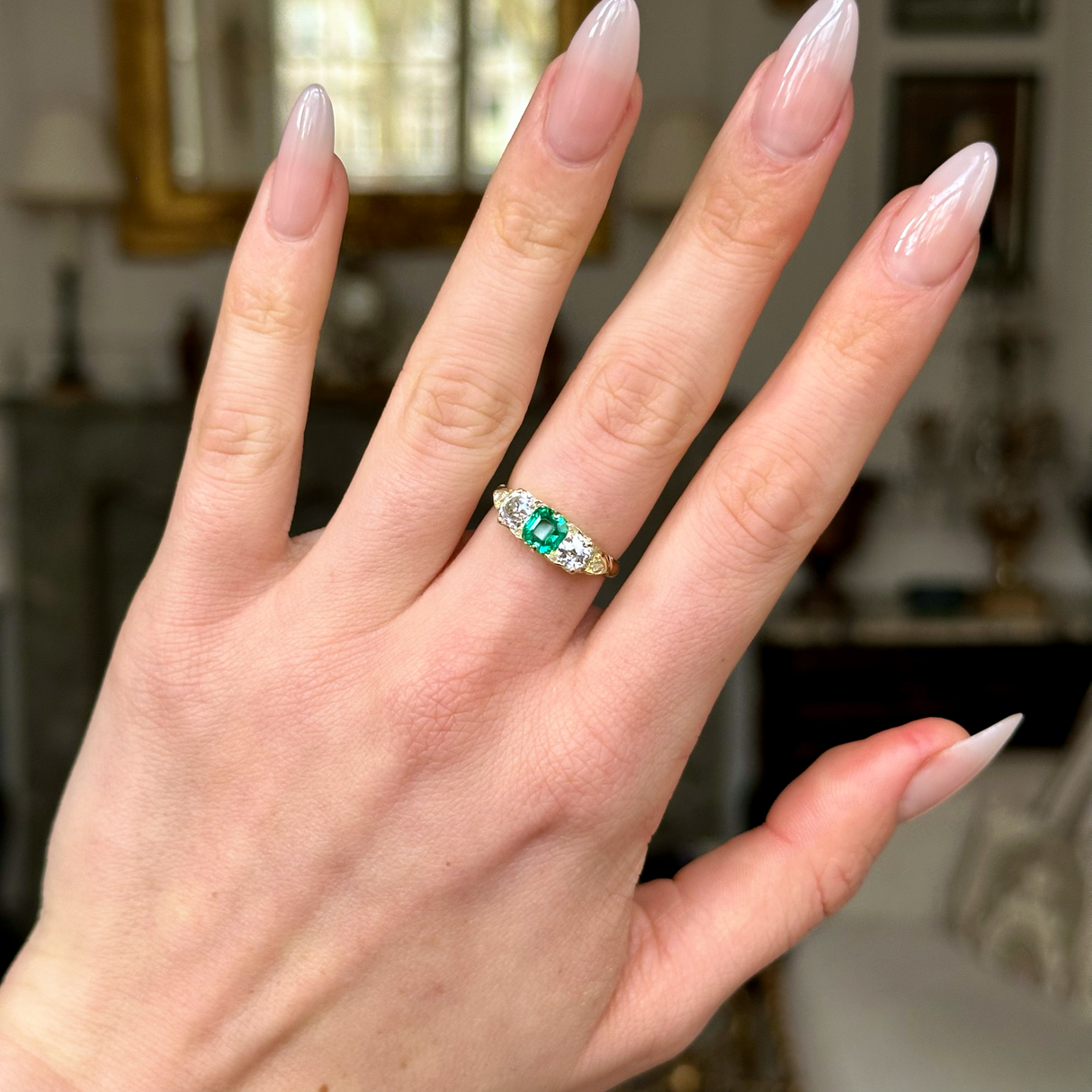 Antique, Edwardian Emerald and Diamond Three Stone Ring, 18ct Yellow Gold, worn on hand.