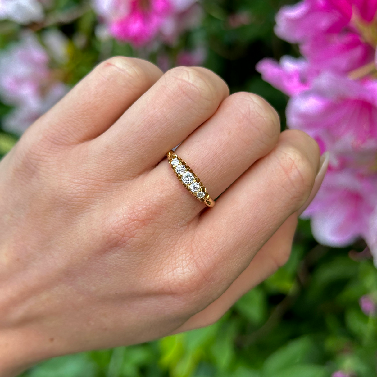 Antique, Edwardian Five-Stone Diamond Ring, 18ct Yellow Gold worn on hand.