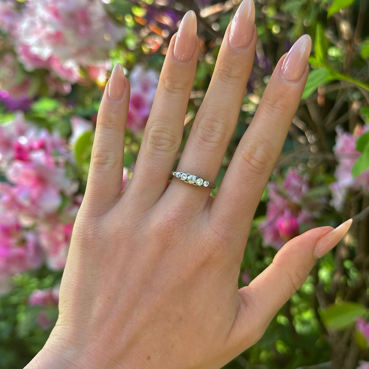 Antique, Edwardian Five-Stone Diamond Ring, 18ct Yellow Gold and Platinum worn on hand.