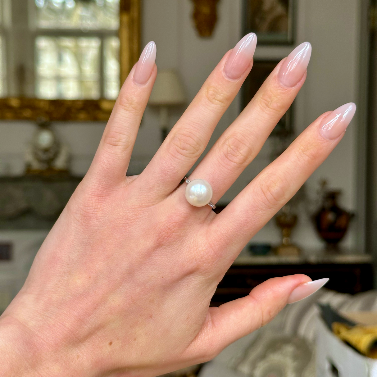 Antique, Edwardian Pearl and Diamond Ring, worn on hand.