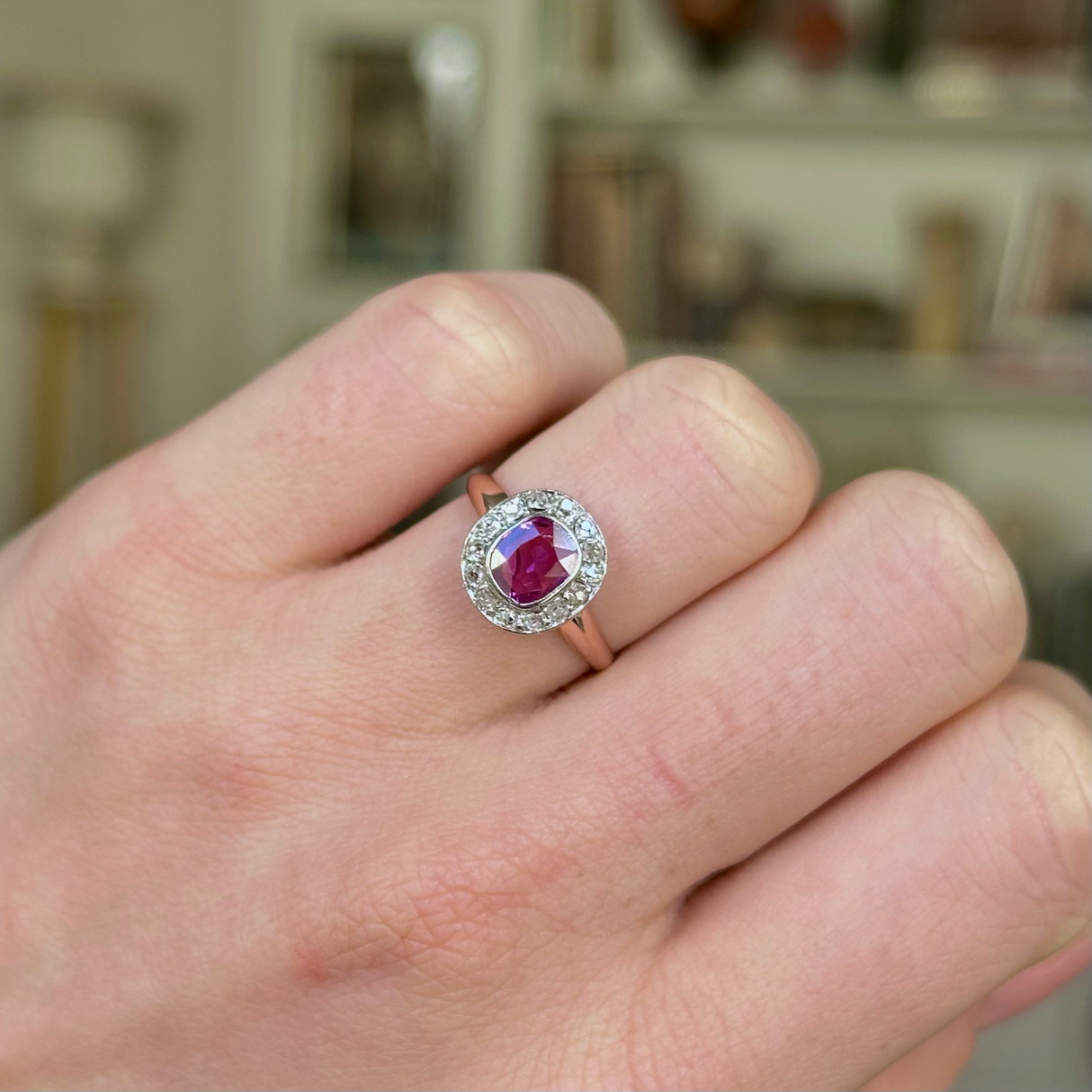 Antique, Edwardian Pink Sapphire and Diamond Cluster Ring, 18ct Yellow Gold and Platinum worn on closed hand.