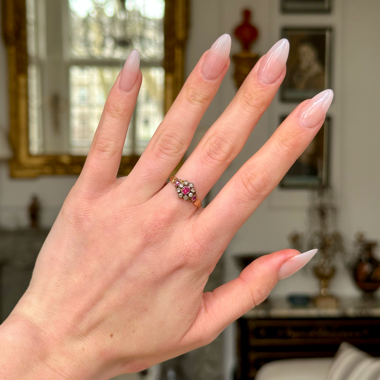 Antique, Edwardian Ruby and Diamond Cluster Ring, worn on hand.
