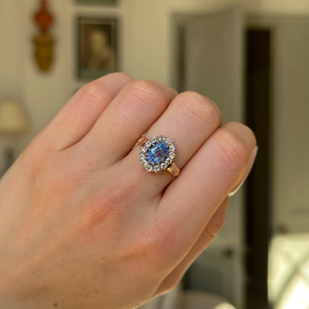 Antique, Edwardian Sapphire and Diamond Cluster Ring, 14ct Yellow Gold worn on closed hand.