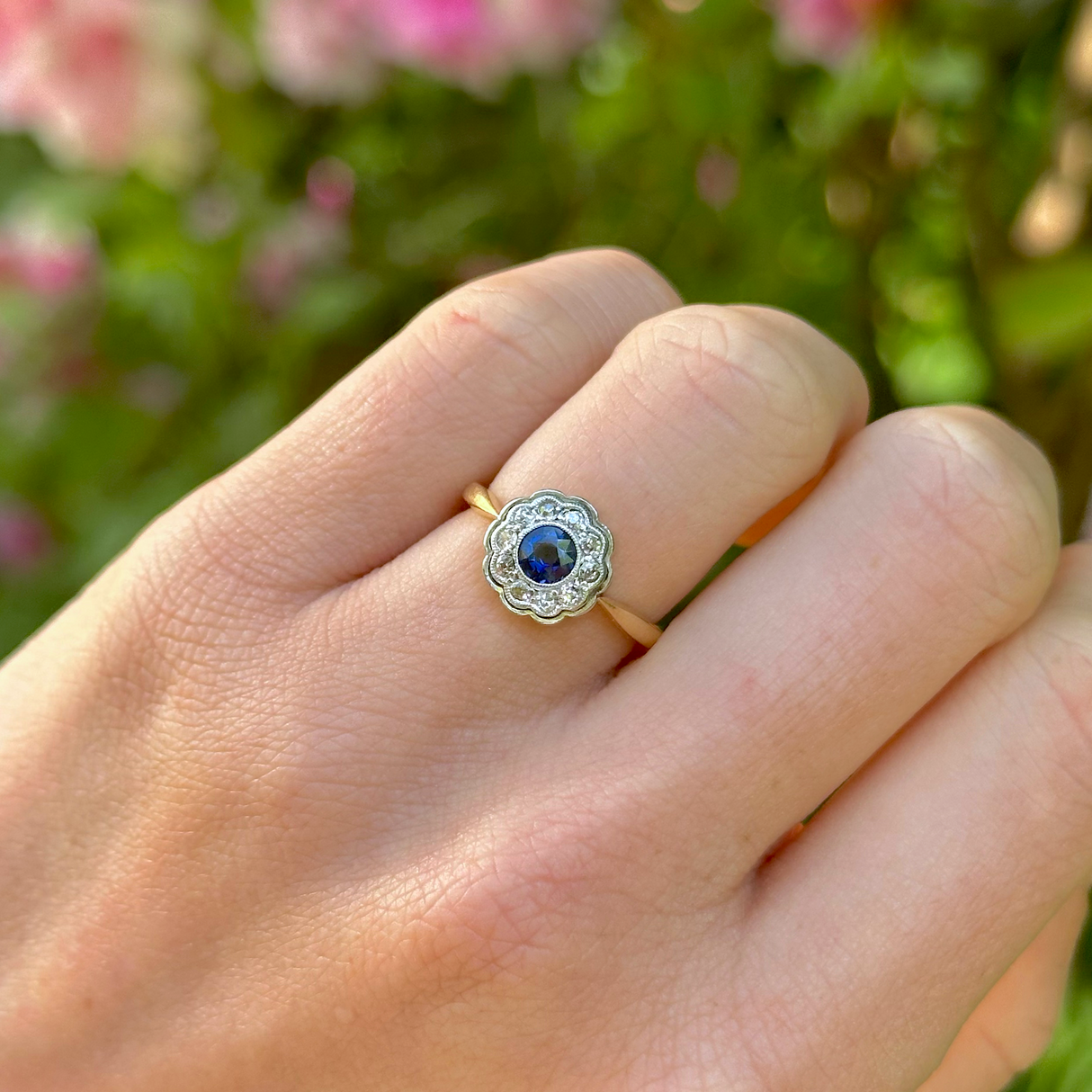 Antique, Edwardian Sapphire and Diamond Cluster Ring, 18ct Yellow Gold and Platinum worn on hand.