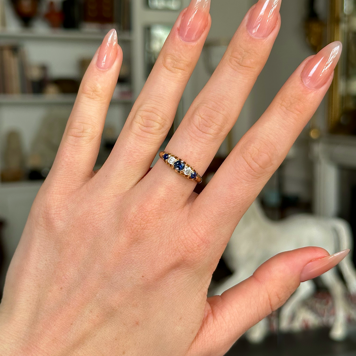 Antique, Edwardian Sapphire and Diamond Five Stone Ring, 18ct Yellow Gold worn on hand.