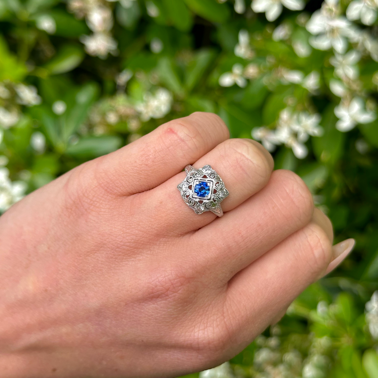 Antique, Edwardian Sapphire and Diamond Ring, Platinum worn on hand.