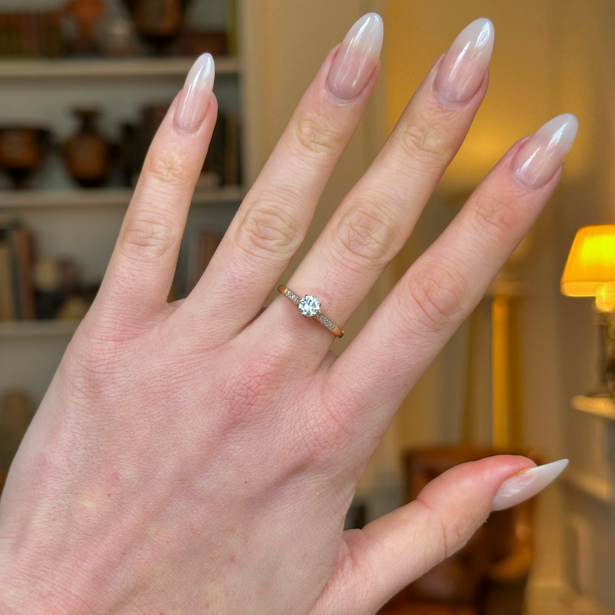 Antique, Edwardian Solitaire Diamond Engagement Ring, 18ct Yellow Gold and Platinum worn on hand.