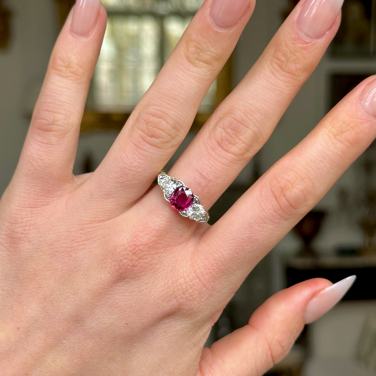 Antique, Edwardian Three Stone Ruby and Diamond Engagement Ring, worn on hand.