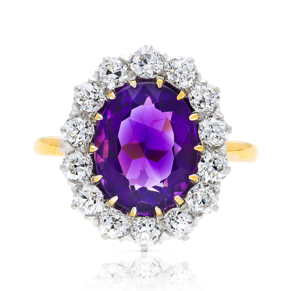 Antique, Edwardian amethyst and diamond cluster ring, 18ct yellow gold