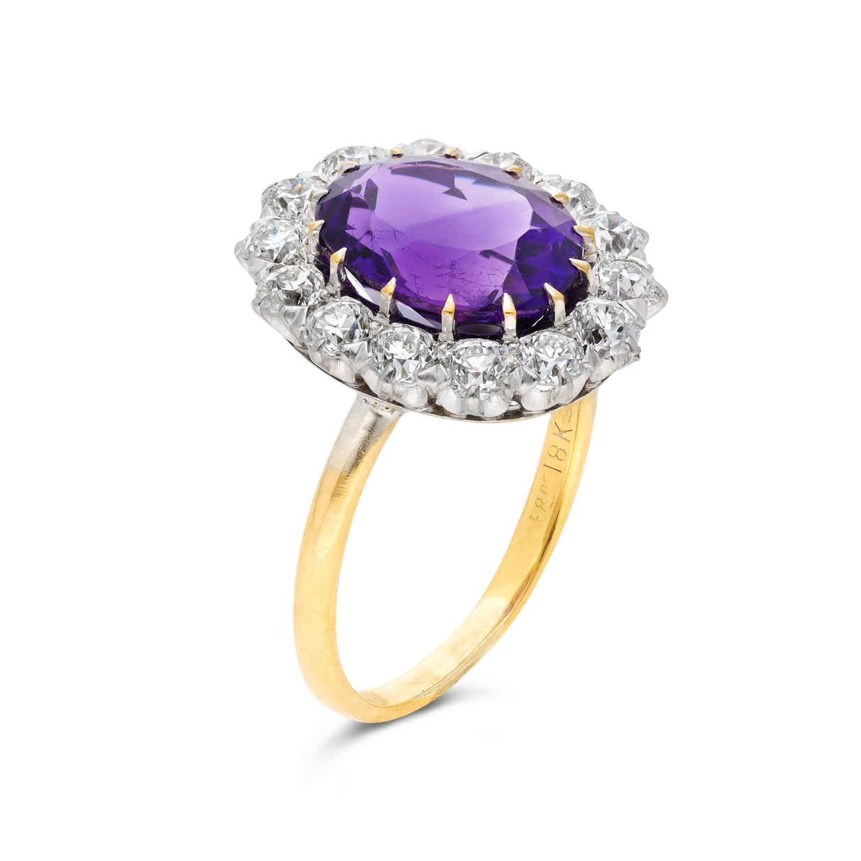 Antique, Edwardian amethyst and diamond cluster ring, 18ct yellow gold