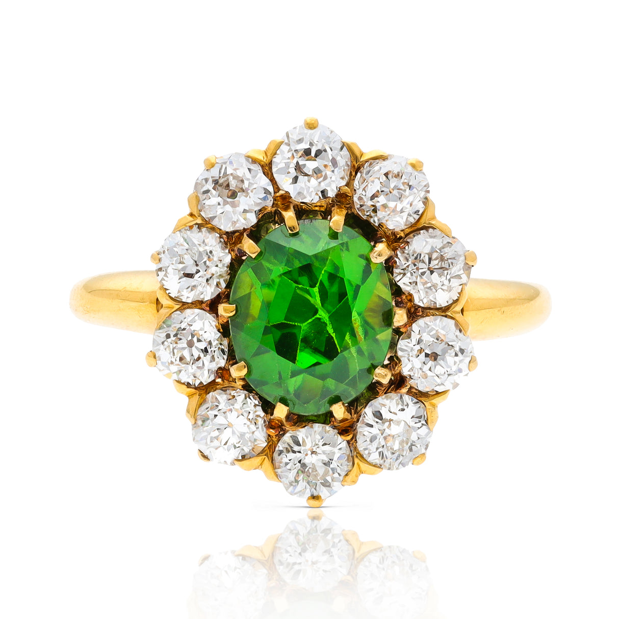 Antique, Edwardian demantoid green garnet & diamond cluster ring