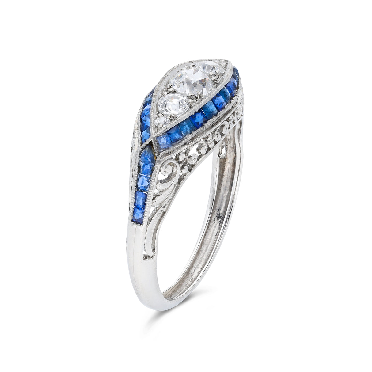 Antique Edwardian sapphire and diamond ring, side view.