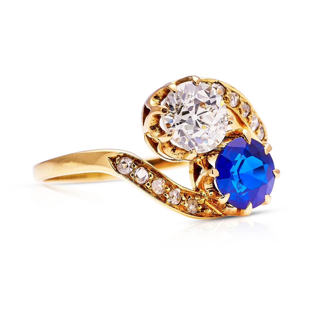 Sold | antique, Edwardian, sapphire and diamond toi et moi engagement ring, 14ct yellow gold