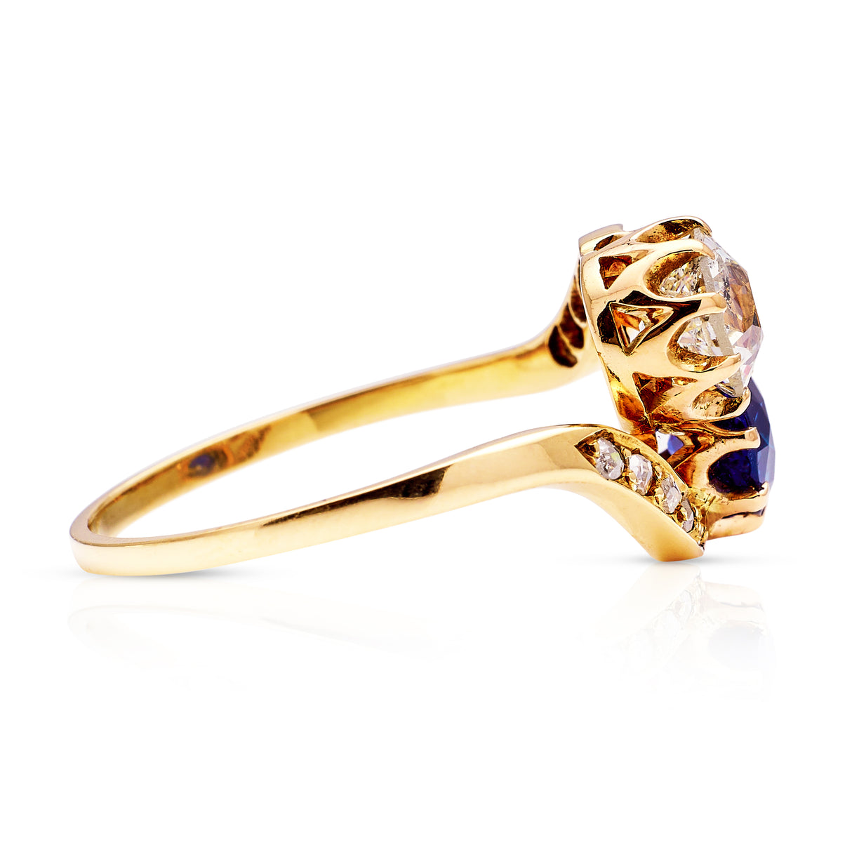 Sold | antique, Edwardian, sapphire and diamond toi et moi engagement ring, 14ct yellow gold