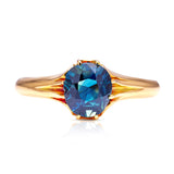 Antique, Edwardian Single-Stone Old Cut Teal Sapphire Ring, 18ct Rosy Yellow Gold