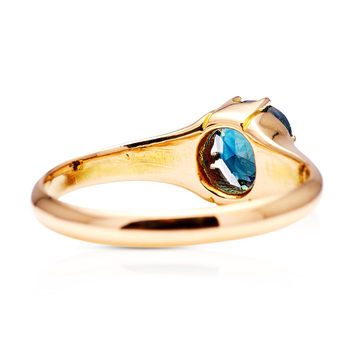 Antique, Edwardian Single-Stone Old Cut Teal Sapphire Ring, 18ct Rosy Yellow Gold