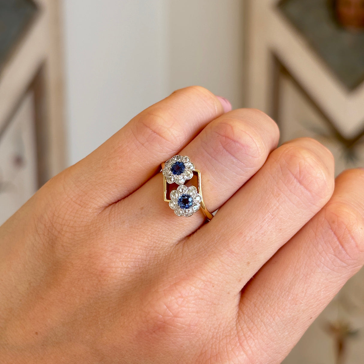 Antique, Edwardian sapphire & diamond double cluster worn on hand