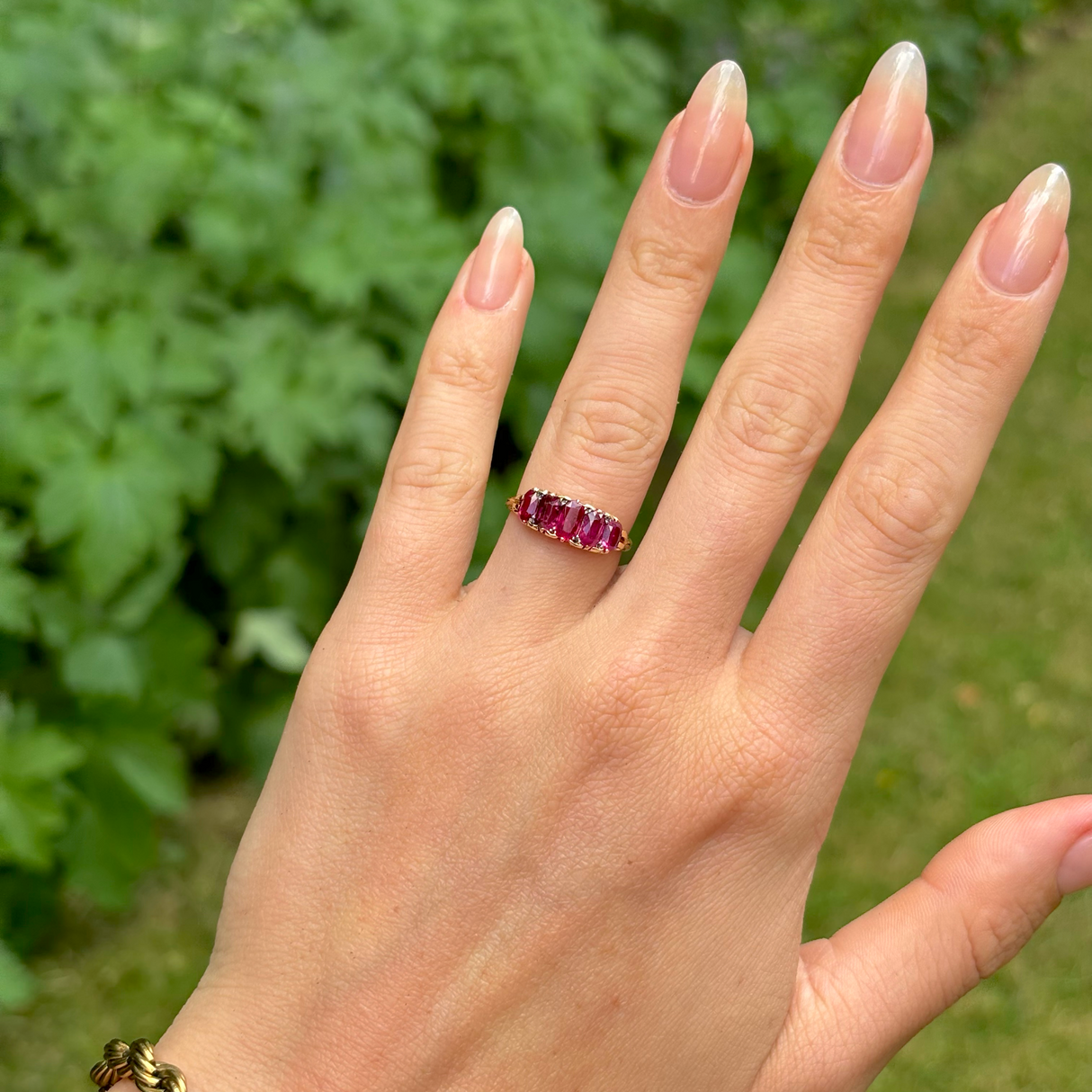 Antique, Edwardian ruby half hoop ring, 18ct yellow gold