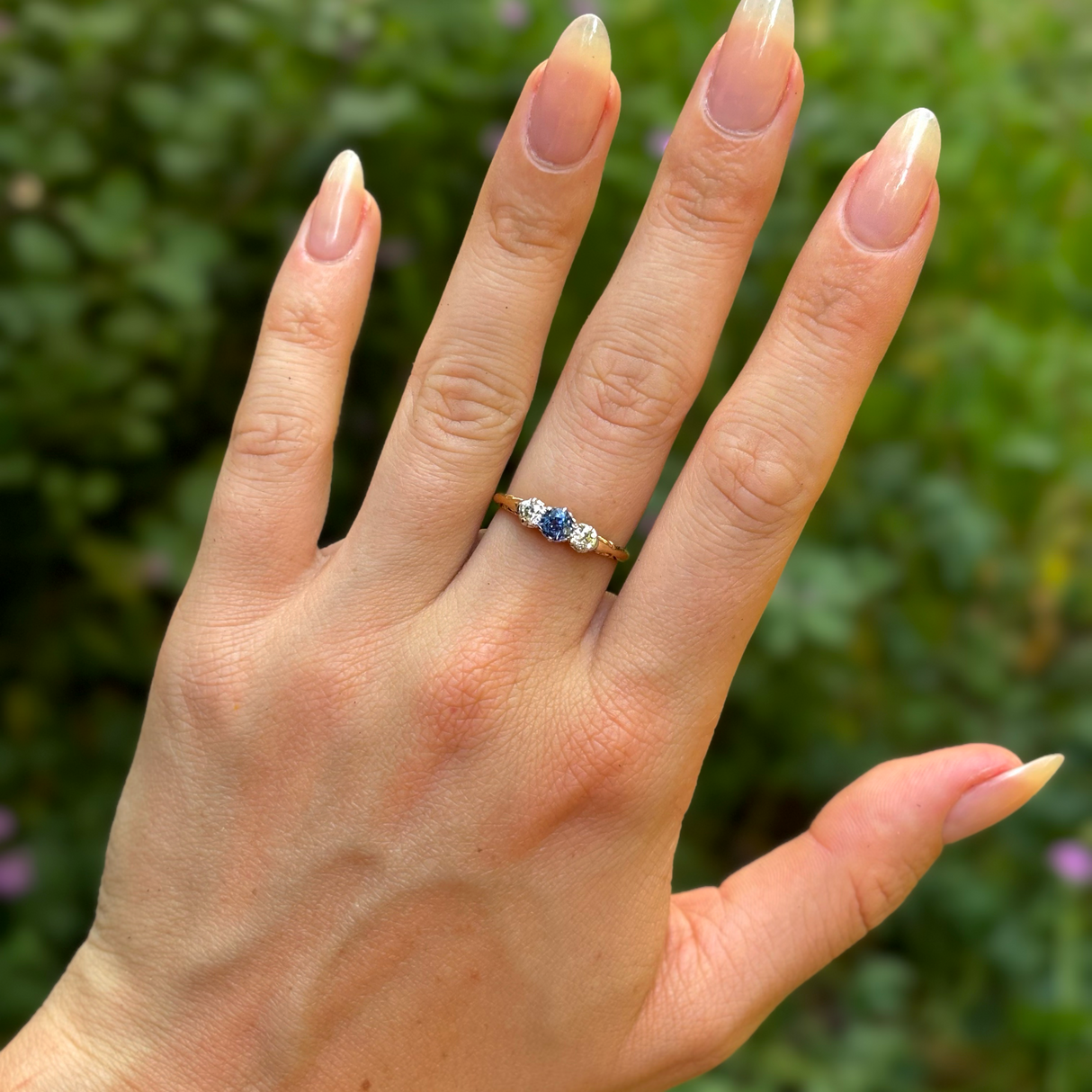 Antique, Edwardian sapphire & diamond three-stone ring, 18ct yellow gold