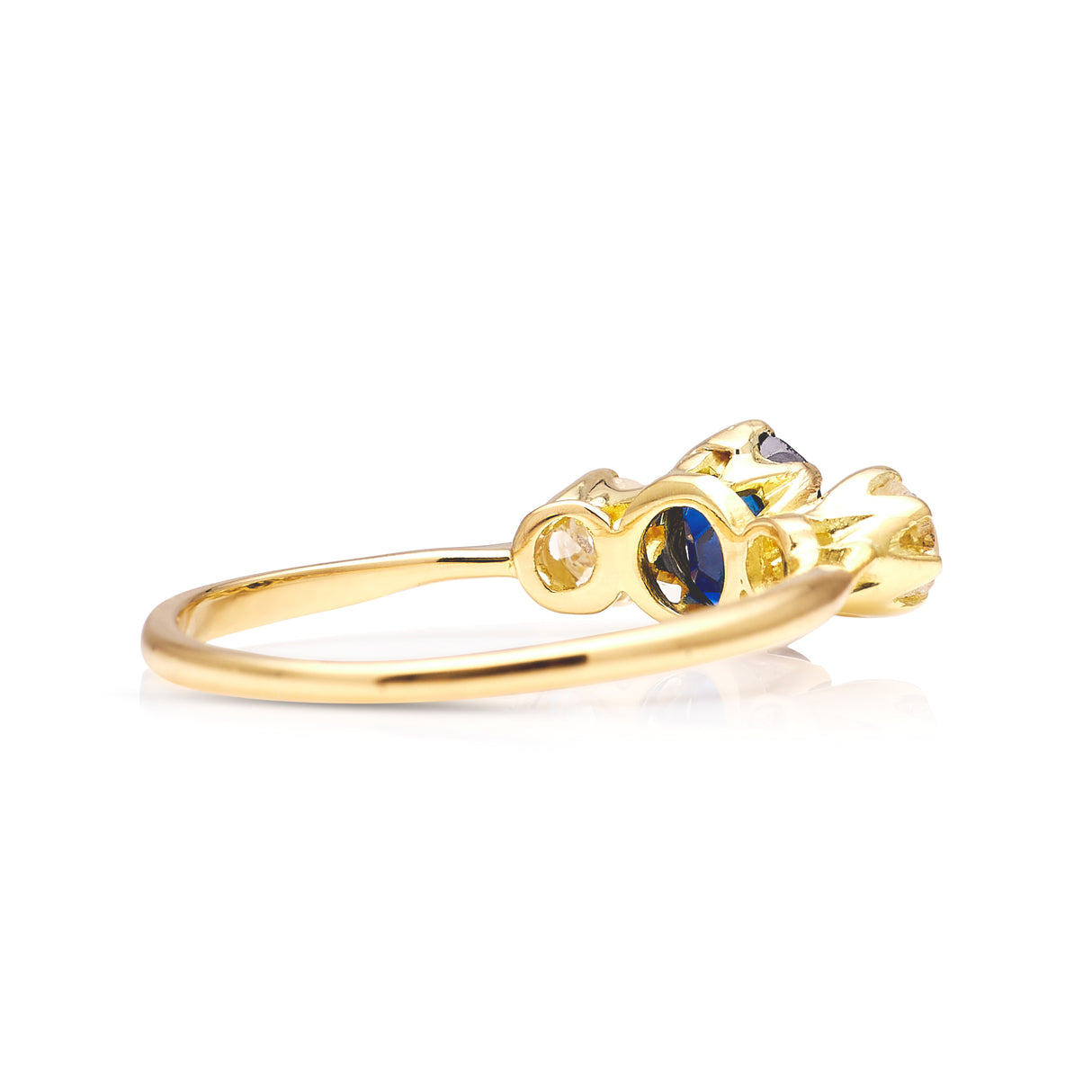 Antique, Edwardian sapphire and diamond three-stone engagement ring back
