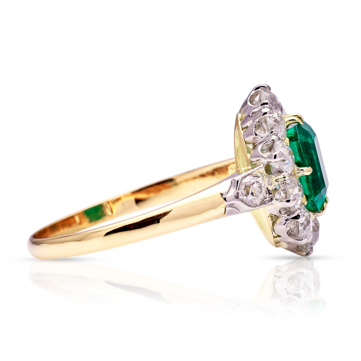 Antique, Edwardian Emerald and Diamond Engagement Ring, 18ct Yellow Gold rear view