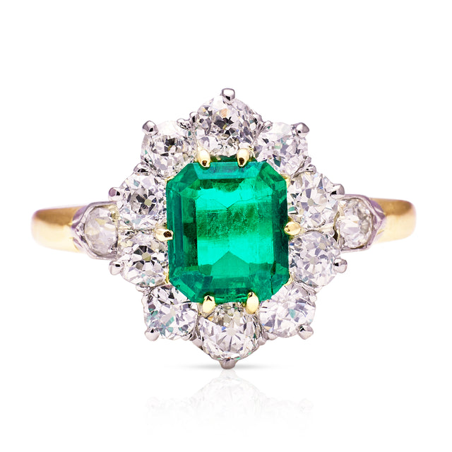 Antique, Edwardian Emerald and Diamond Engagement Ring, 18ct Yellow Gold front view
