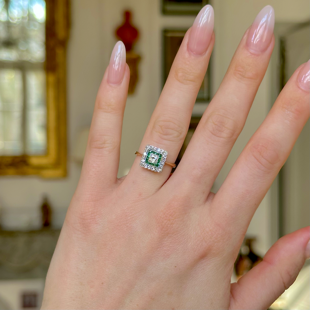 Antique, Emerald and Diamond Square Cluster Ring, 18ct Yellow Gold and Platinum worn on hand.