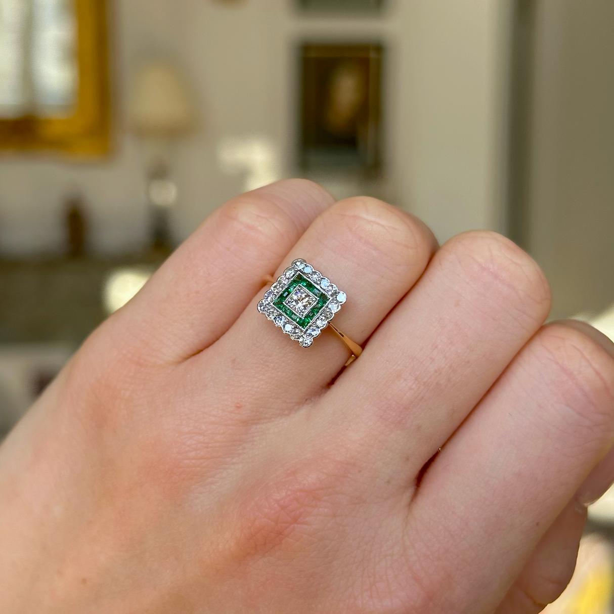 Antique, Emerald and Diamond Square Cluster Ring, 18ct Yellow Gold and Platinum worn on closed hand.