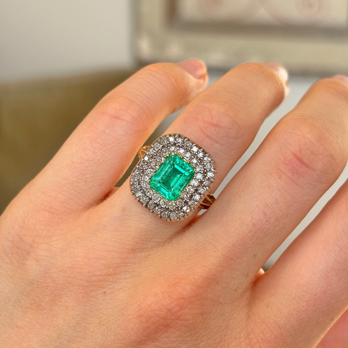 Antique, Georgian emerald & diamond cluster ring & silver