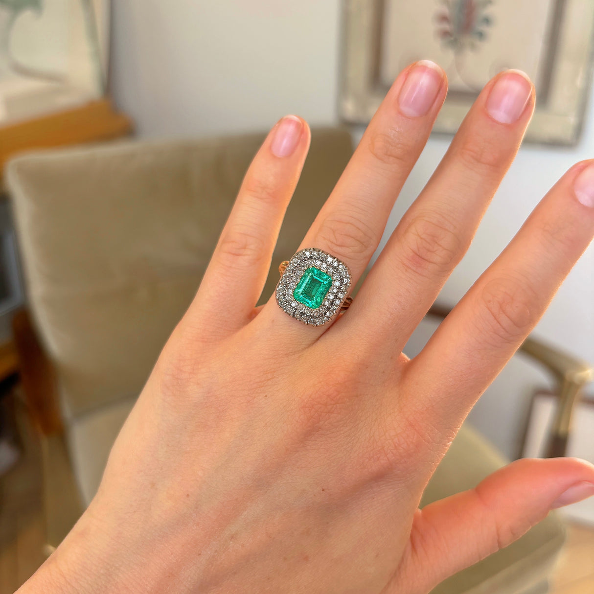Antique, Georgian emerald & diamond cluster ring & silver