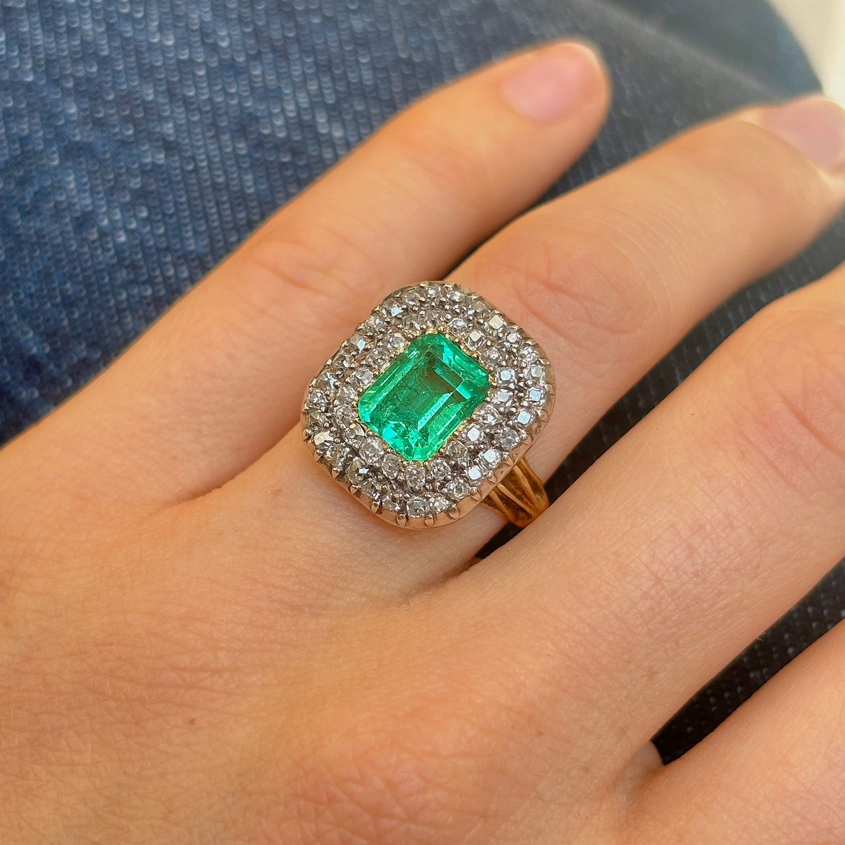 Antique, Georgian emerald & diamond cluster ring & silver