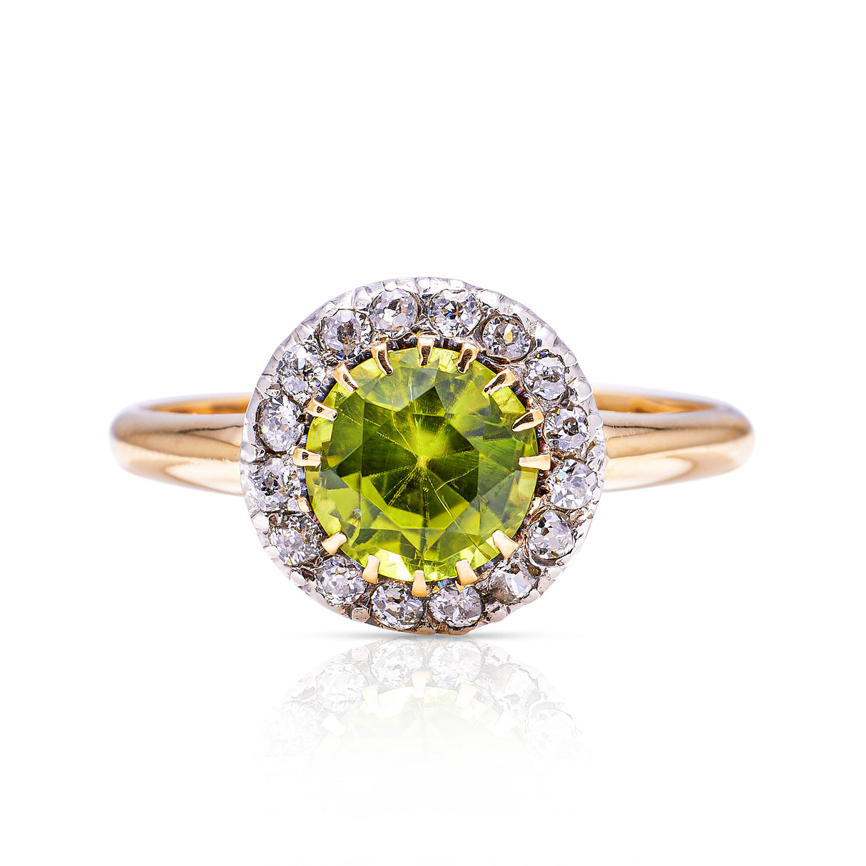 Edwardian peridot and diamond cluster ring, front view.