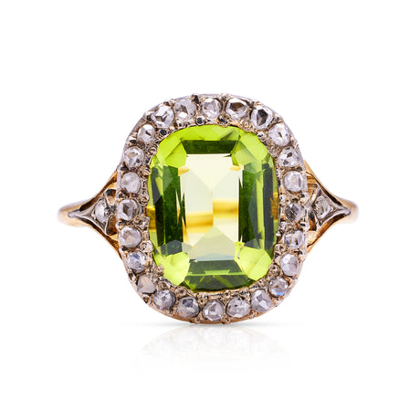 antique peridot and diamond ring, front view.