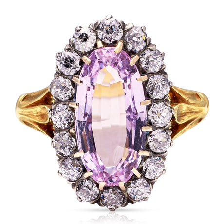 Antique, Belle Époque Pink Topaz and Diamond Cluster Ring, 18ct Yellow Gold front view